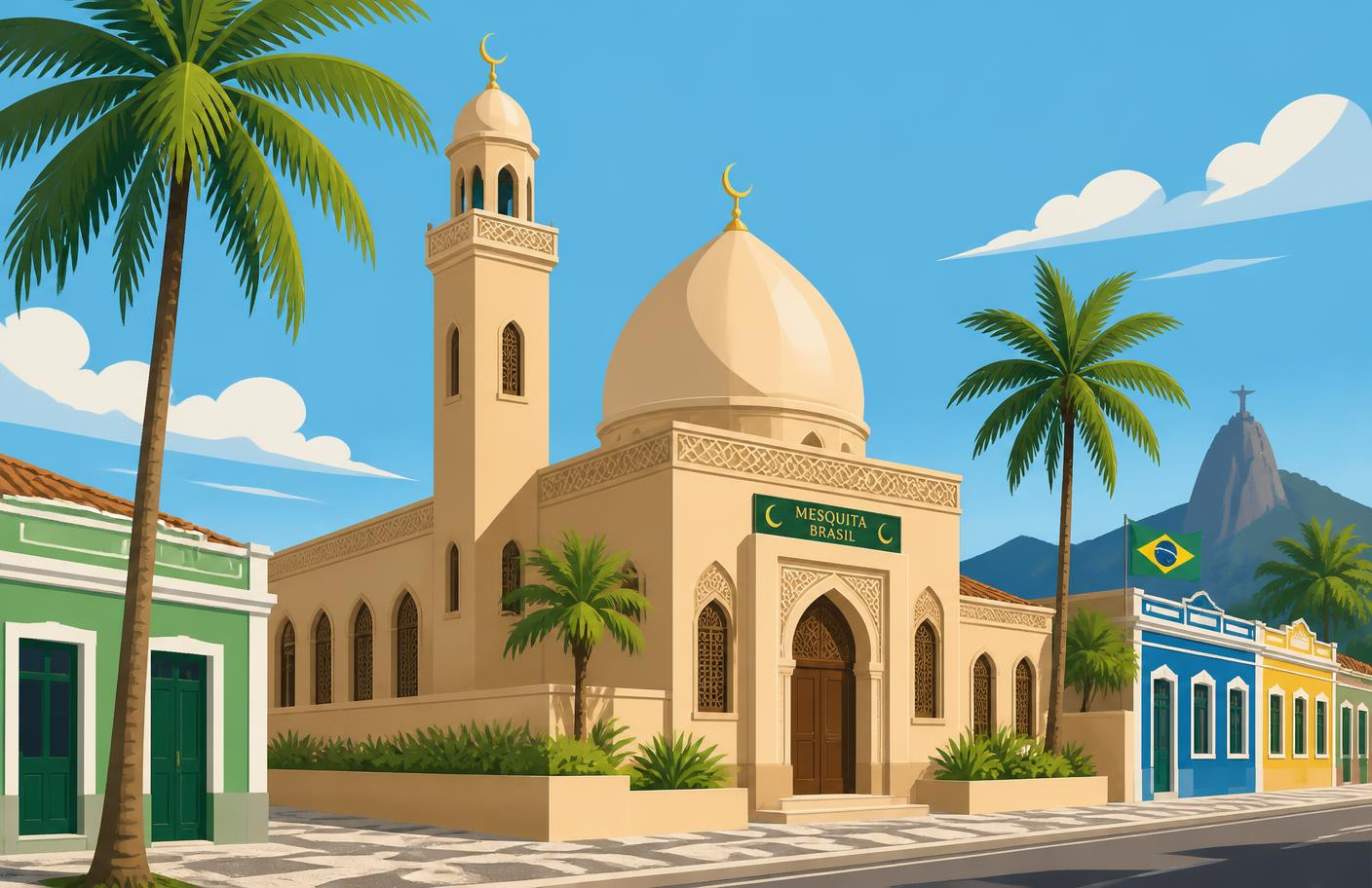 لوحة فنية لمسجد في البرازيل مع مجتمع مسلم متنوع
